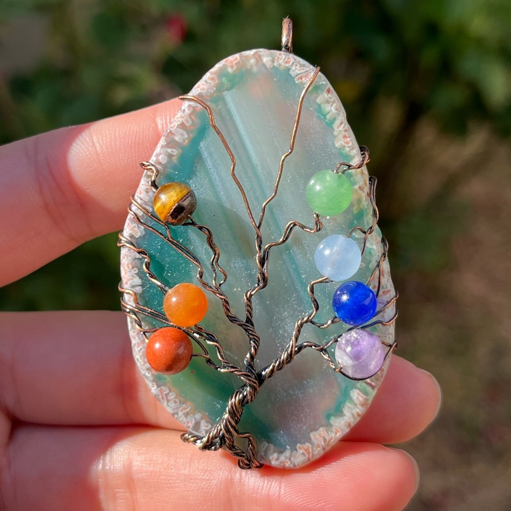 Large Copper wire wrapped tree of life green agate pendant